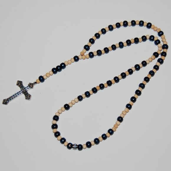 Rosary Necklace,Wood Rosary Necklace,Cross Necklace,Wooden Beaded Necklace - Picture 2 of 3